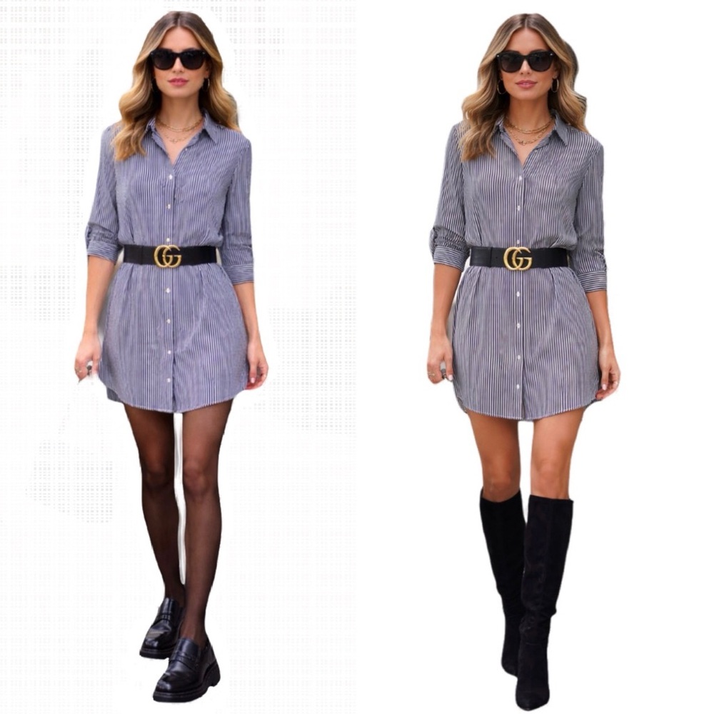 Equipment Silk Black and White Striped Button-Up Shirt Dress